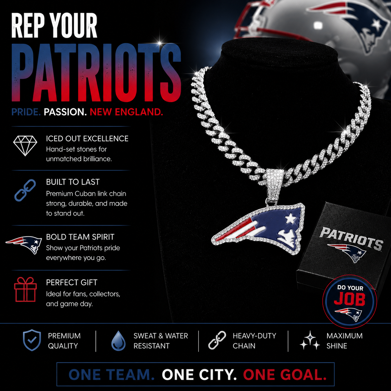 New England Patriots Logo Pendant with or without the Cuban Link Chain Necklace