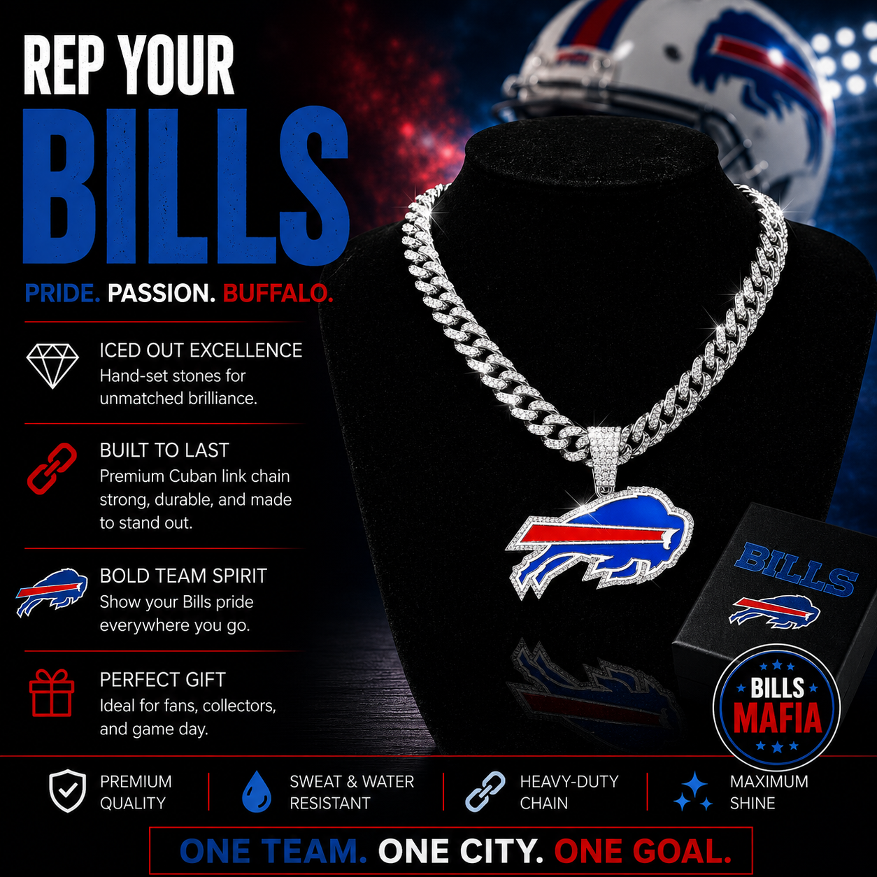 Buffalo Bills Logo Pendant with or without the Cuban Link Chain Necklace