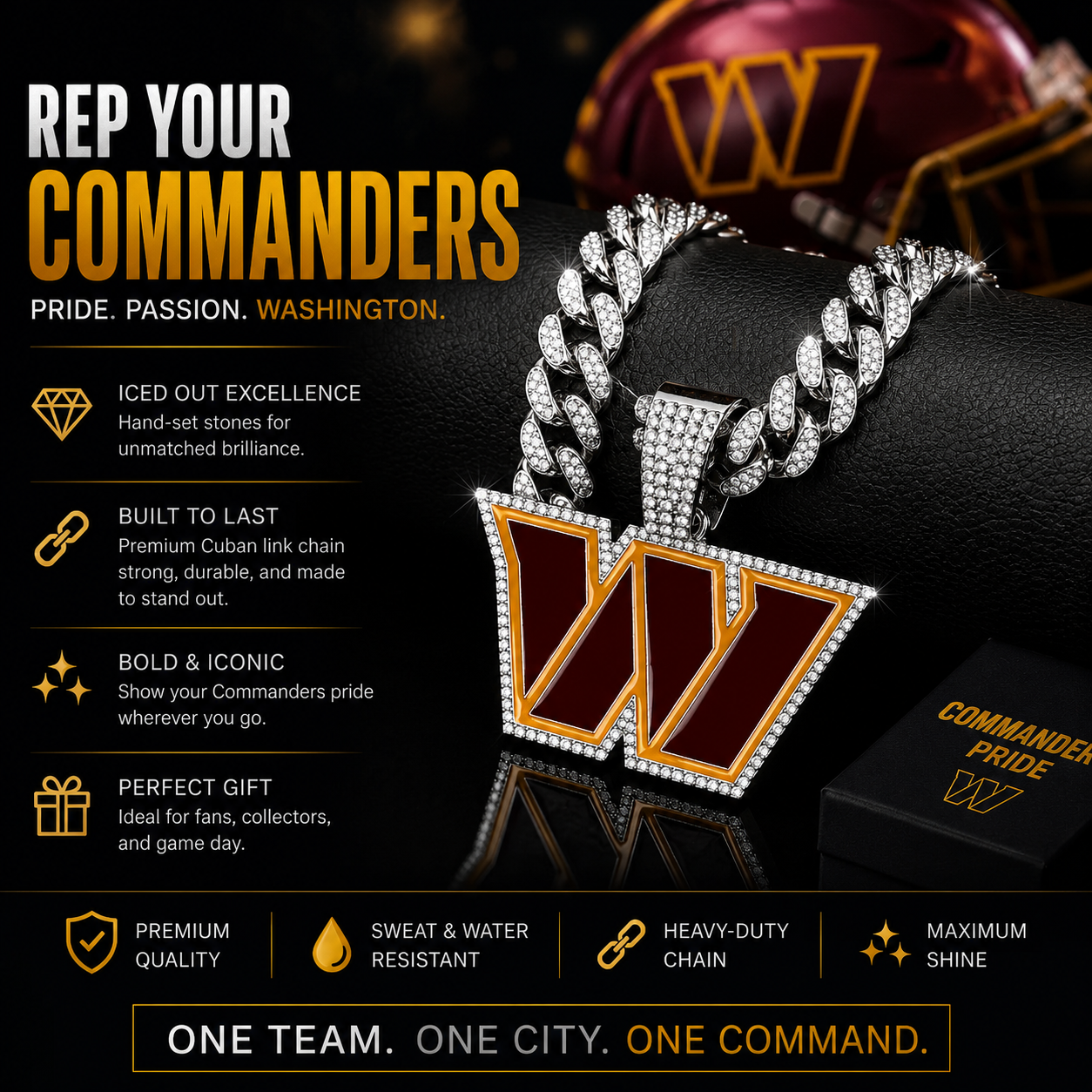 Washington Commanders Logo Pendant with or without the Cuban Link Chain Necklace
