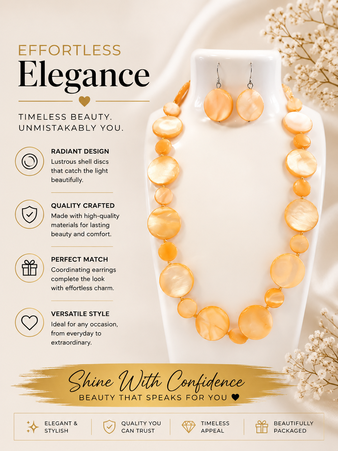 Round Coral Colored Necklace with Matching Earrings