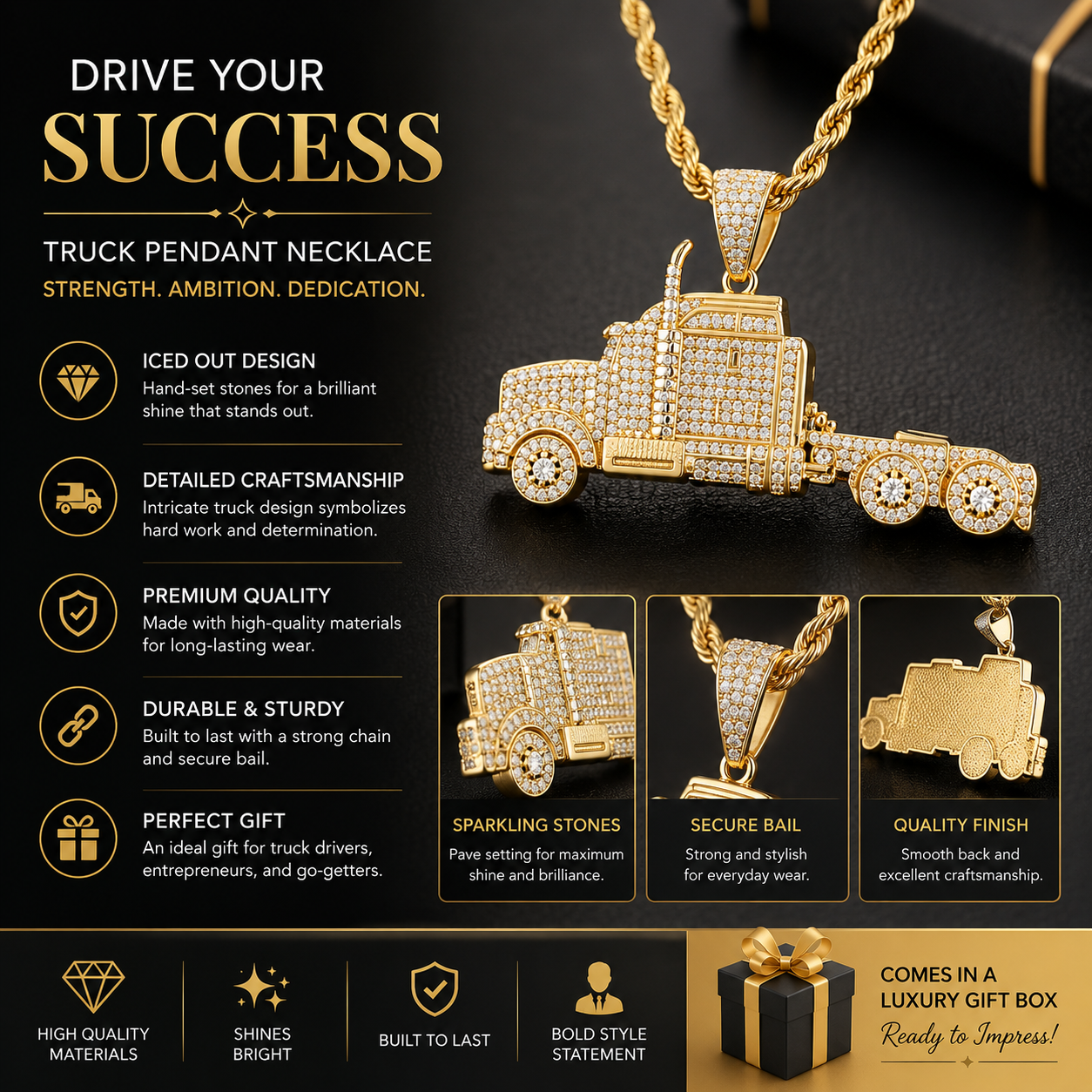 Gold Diamond Semi-Truck Pendant
