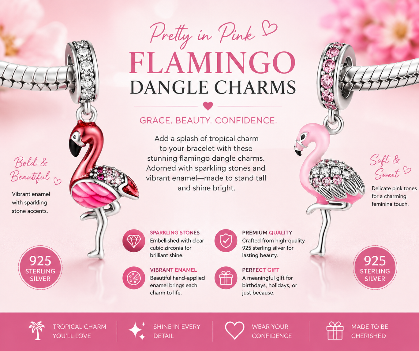 Sterling Silver Pink Flamingo Bracelet Charm