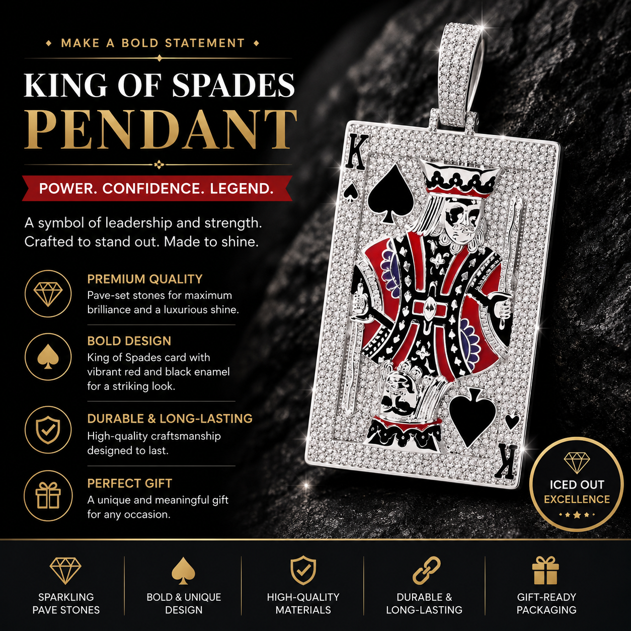 Sterling Silver King of Spades Black and Red Enamel Pendant with Sparkling Stones