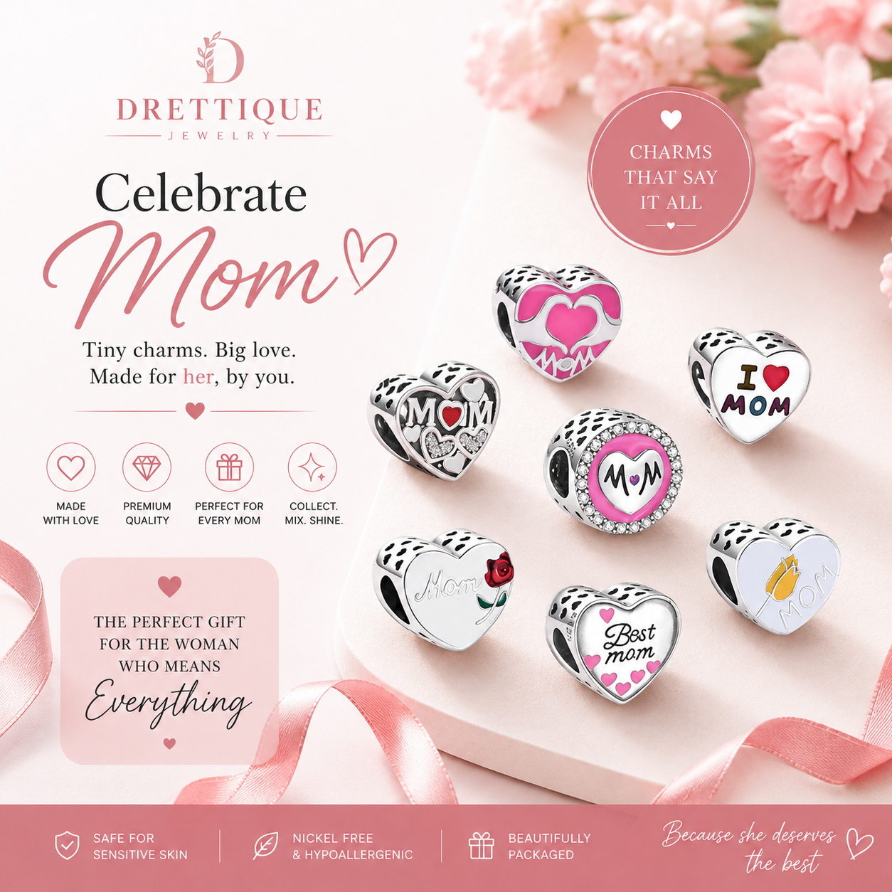 Sterling Silver Mom Bracelet Charms