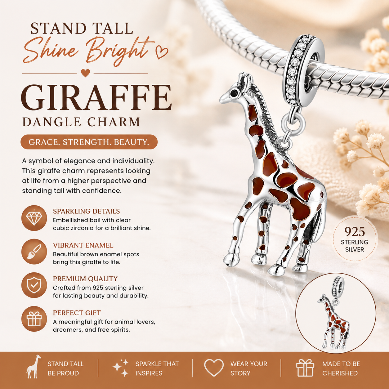 Sterling Silver Giraffe Bracelet Charm