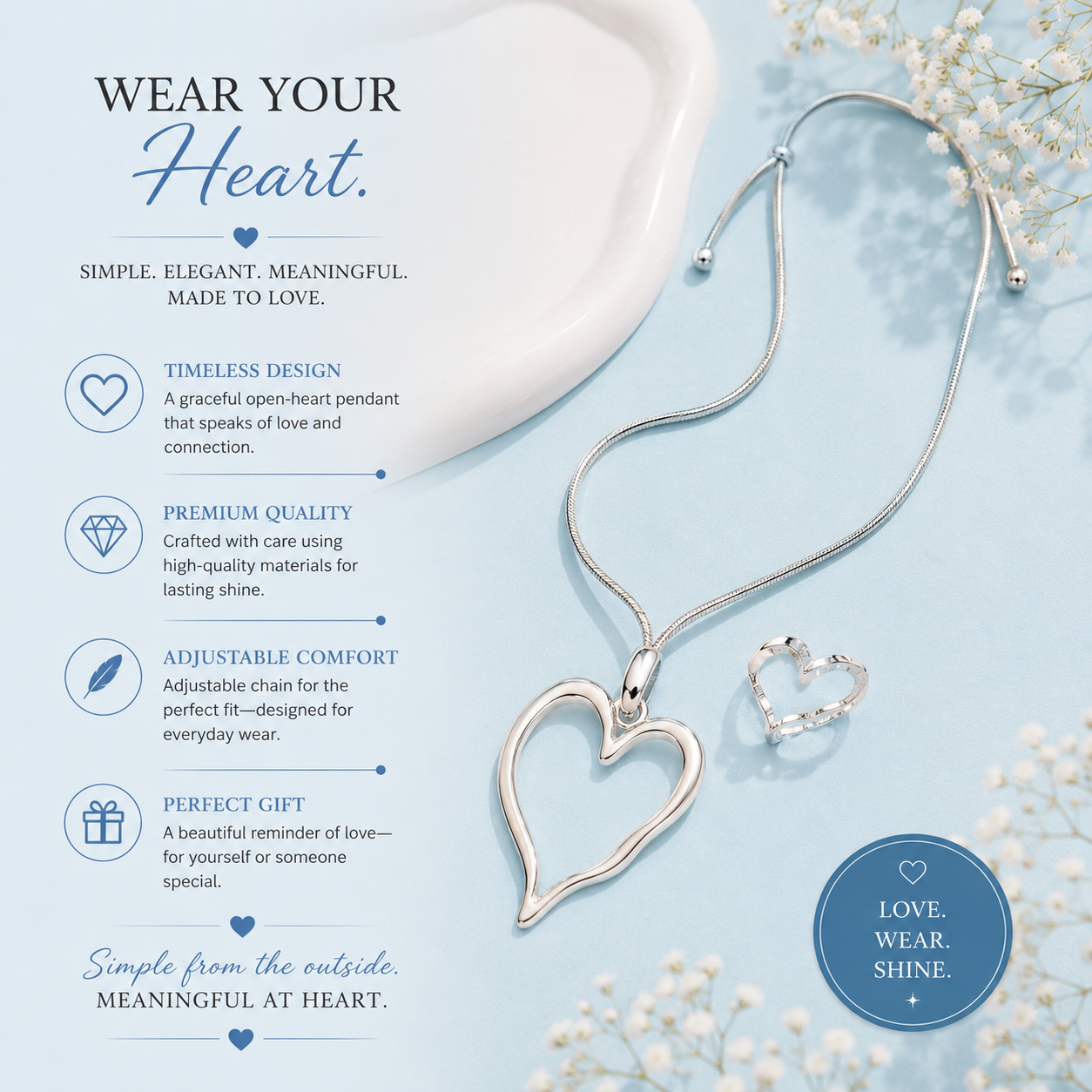 Large Open Heart Pendant Necklace with Matching Size 8 Ring