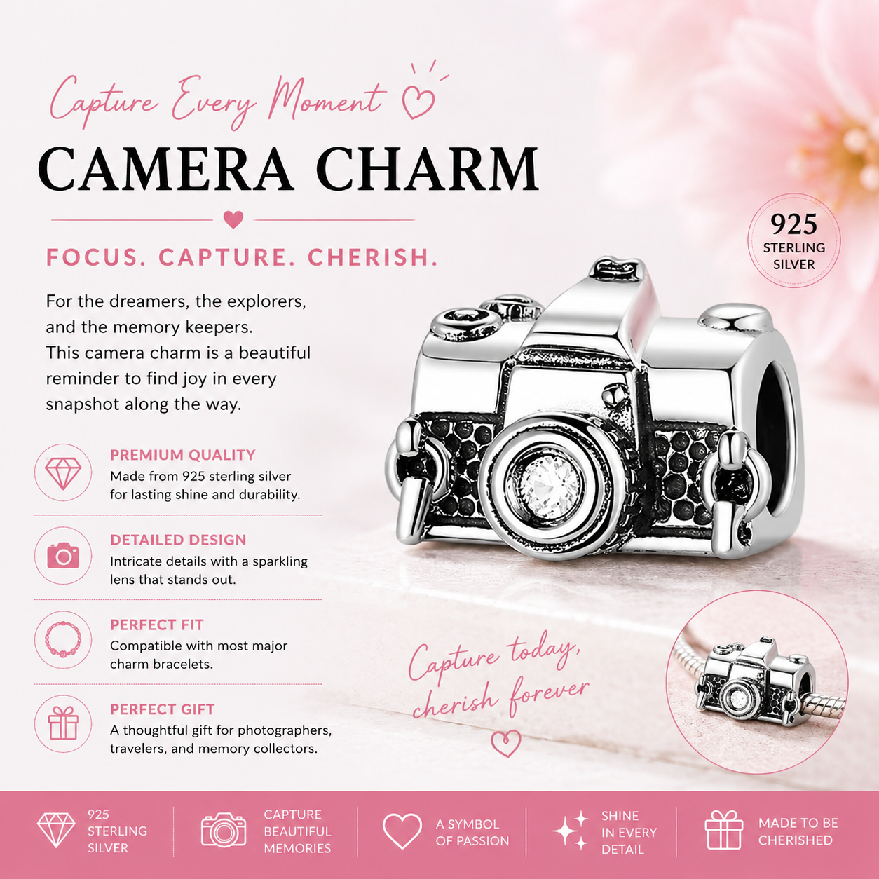 Sterling Silver Camera Bracelet Charm