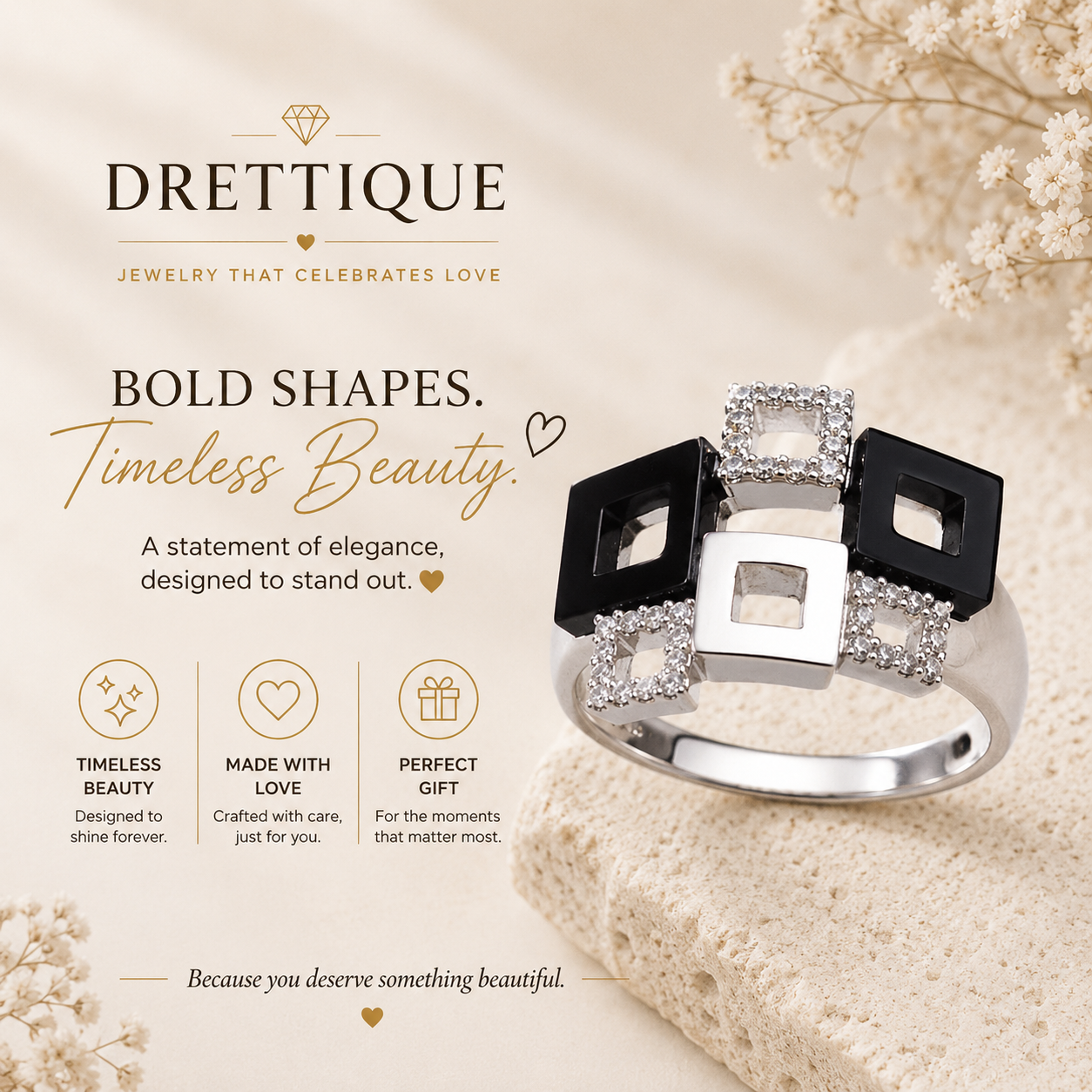 Sterling Silver Black Multi Square Women's Ring with Sparkling Stones