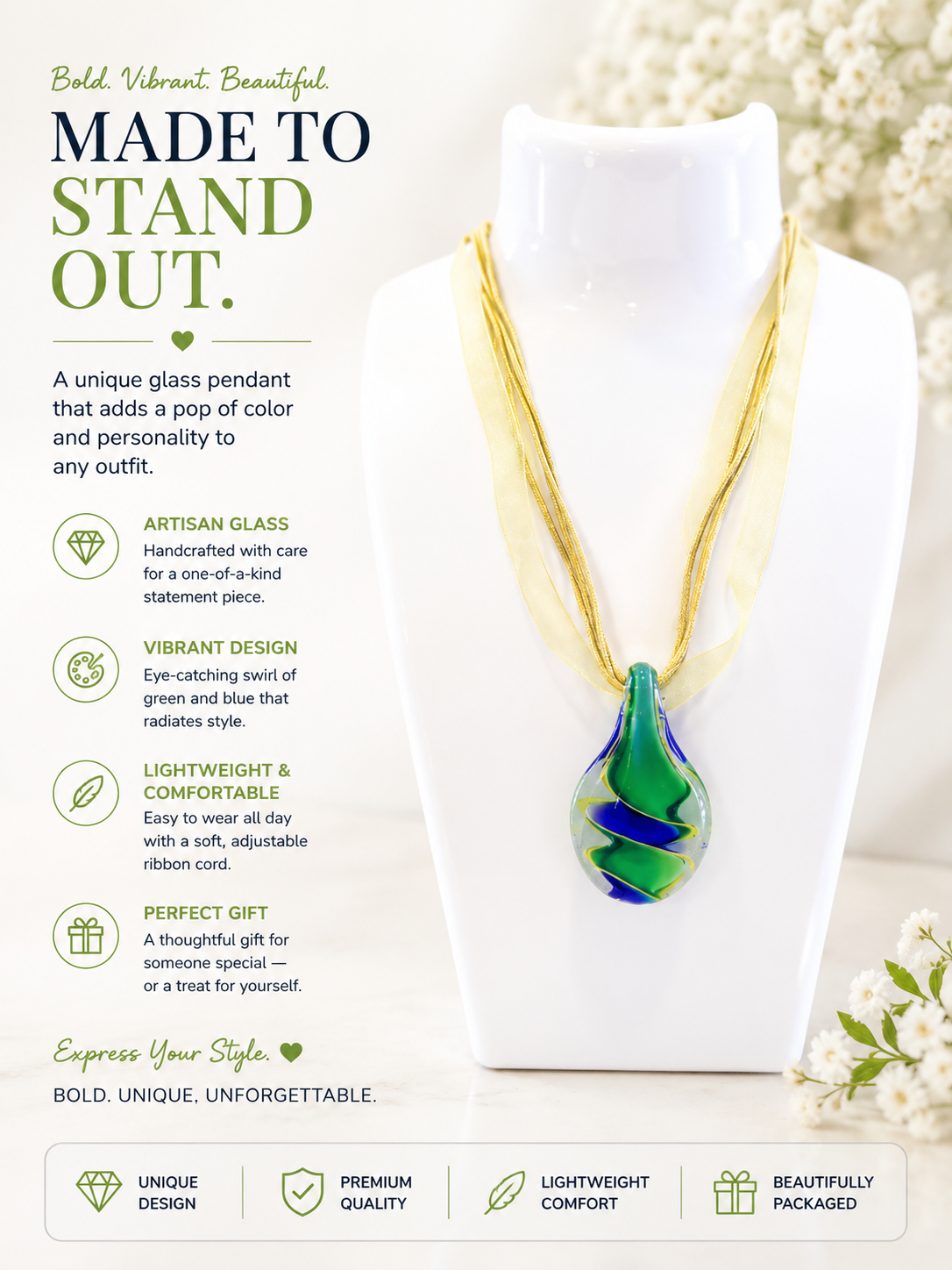 Green and Blue Handblown Pendant Necklace