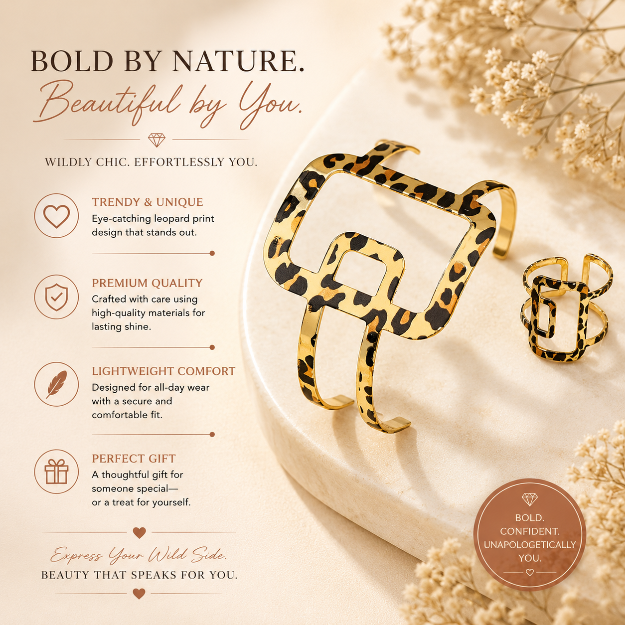 Gold Cheetah Print Bracelet with Matching Adjustable Ring Set