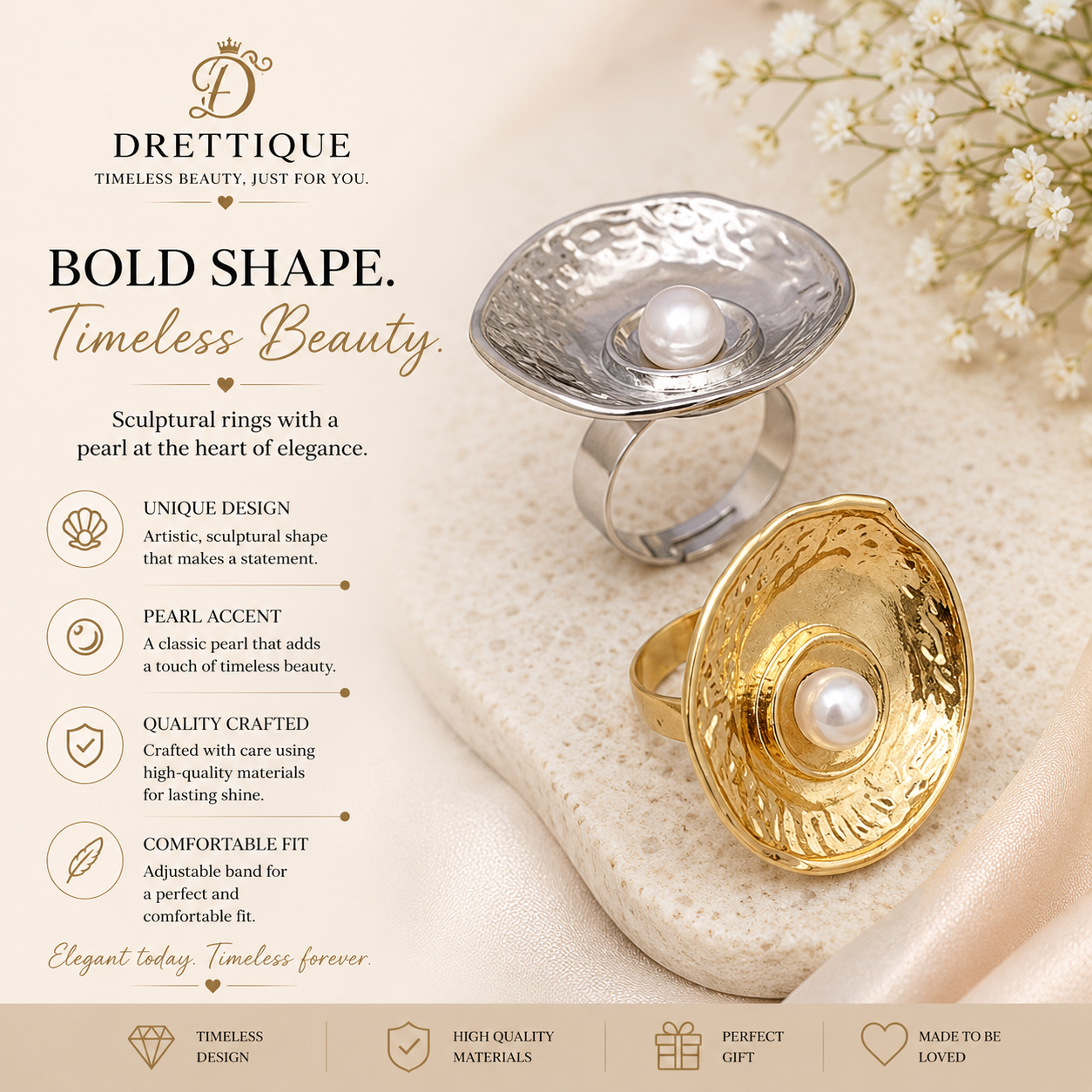 Gold or Silver Round Design Adjustable Ring with Center Pearl