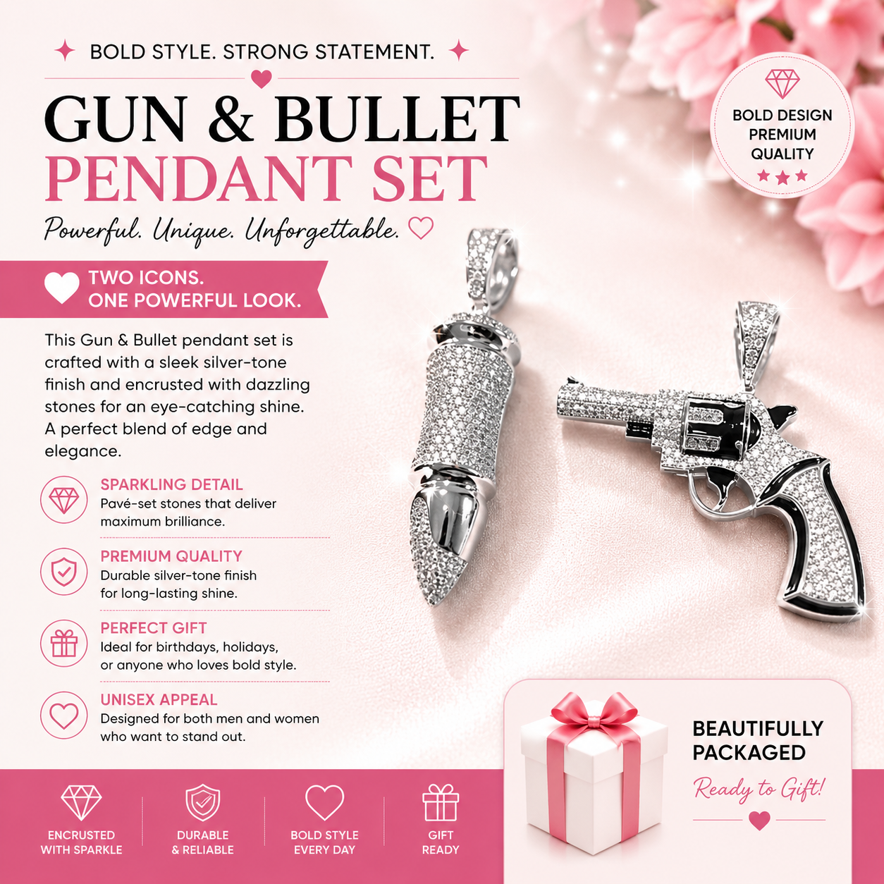 Sterling Silver Sparking Stones Bullet and Spinning Revolver Gun with Black Enamel Charm/Pendant