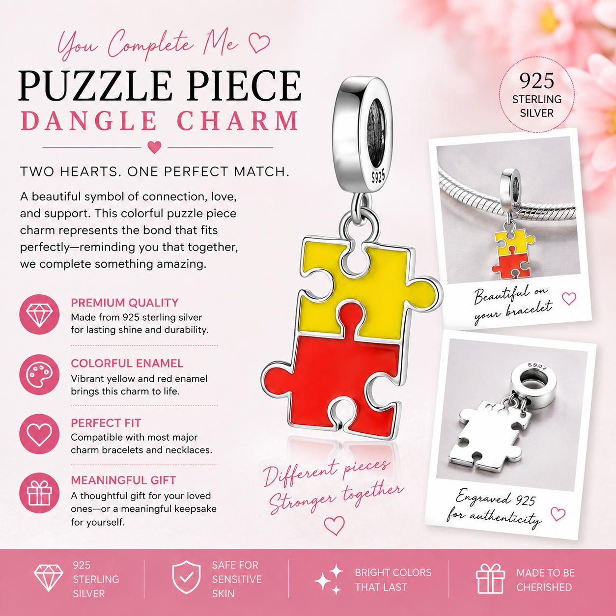 Sterling Silver Yellow and Orange Connecting Puzzle Bracelet Charm