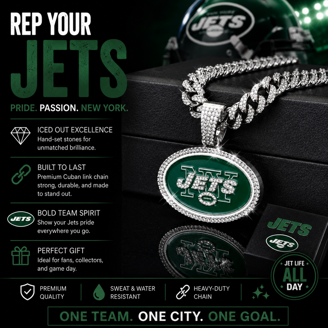 New York Jets Logo Pendant with or without the Cuban Link Chain Necklace