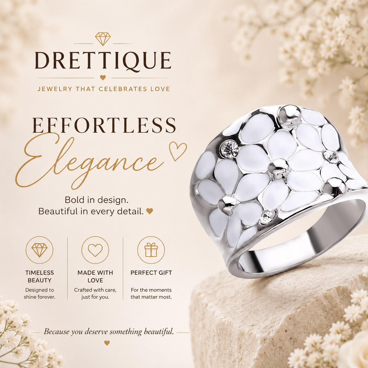 Silver and White Floral Ring with Sparkling Stones and Silver Round Polished Stones