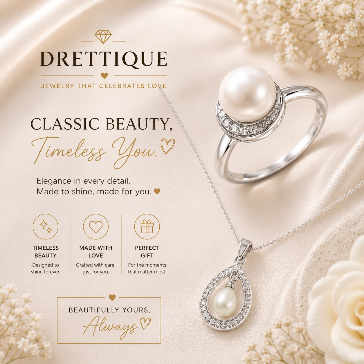 Sterling Silver Fresh Water Pearl Pendant Necklace Surrounded by Clear Stones with matching Ring