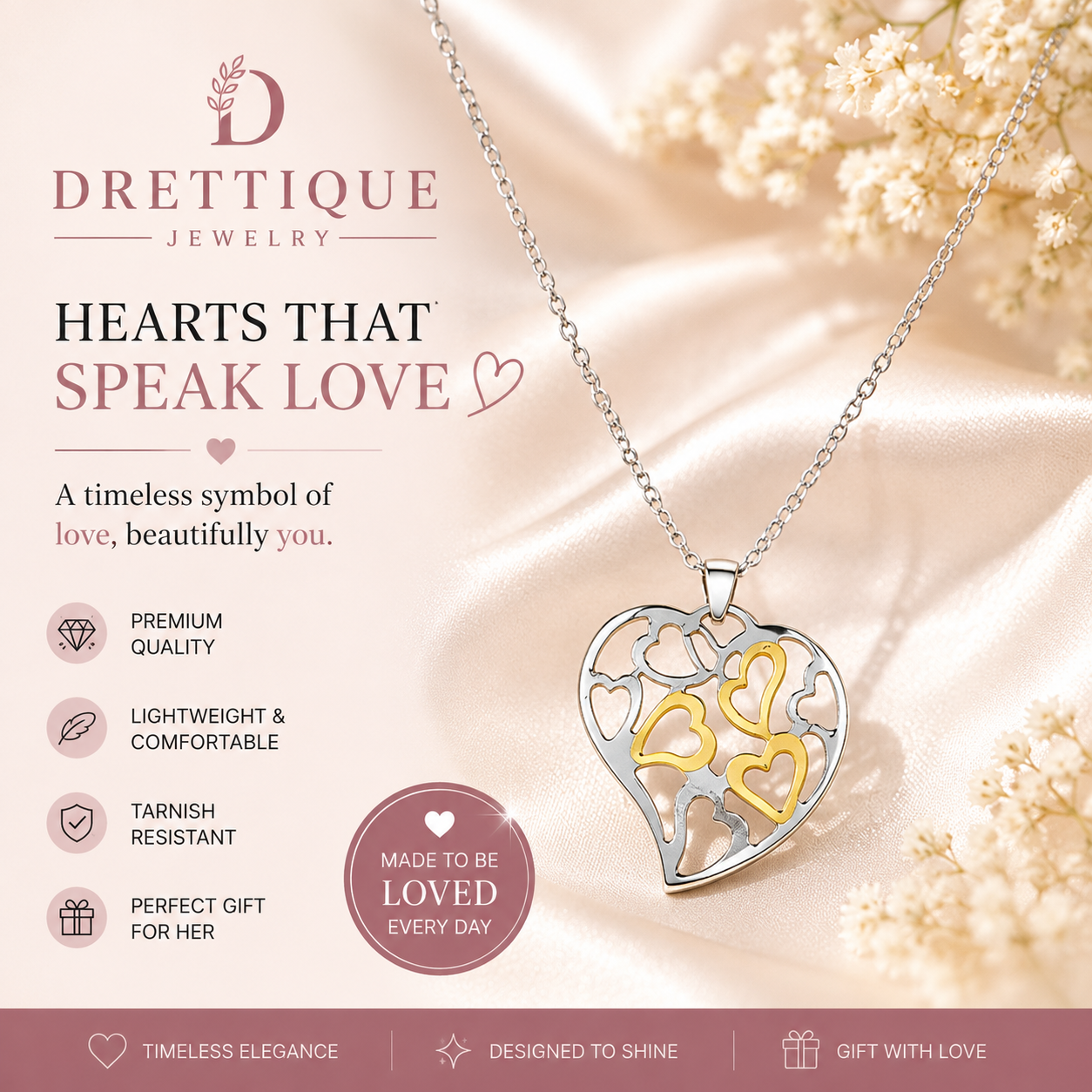Multi Sterling Silver and Gold Hearts Pendant Necklace