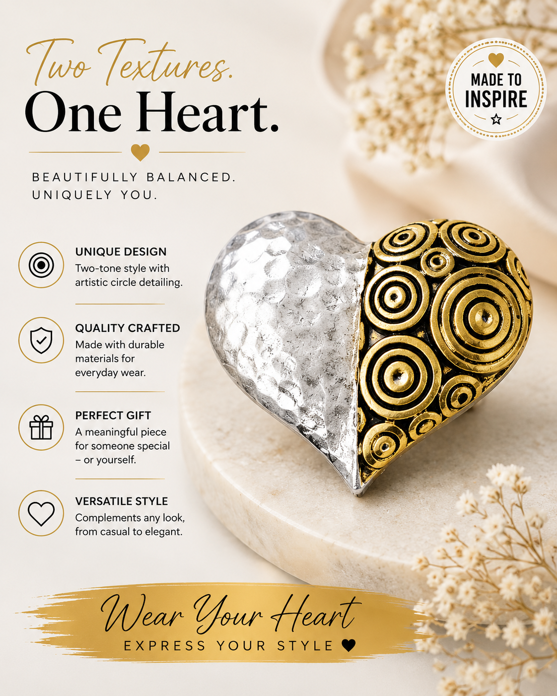 Sterling Silver Two-Toned Matte Finish Spiral Design Heart Pendant