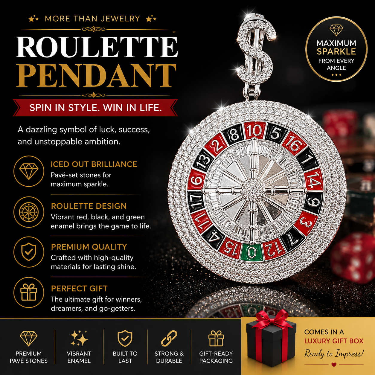 Sterling Silver Casino Roulette Pendant with Sparkling Diamonds and Red, Black and Green Colors