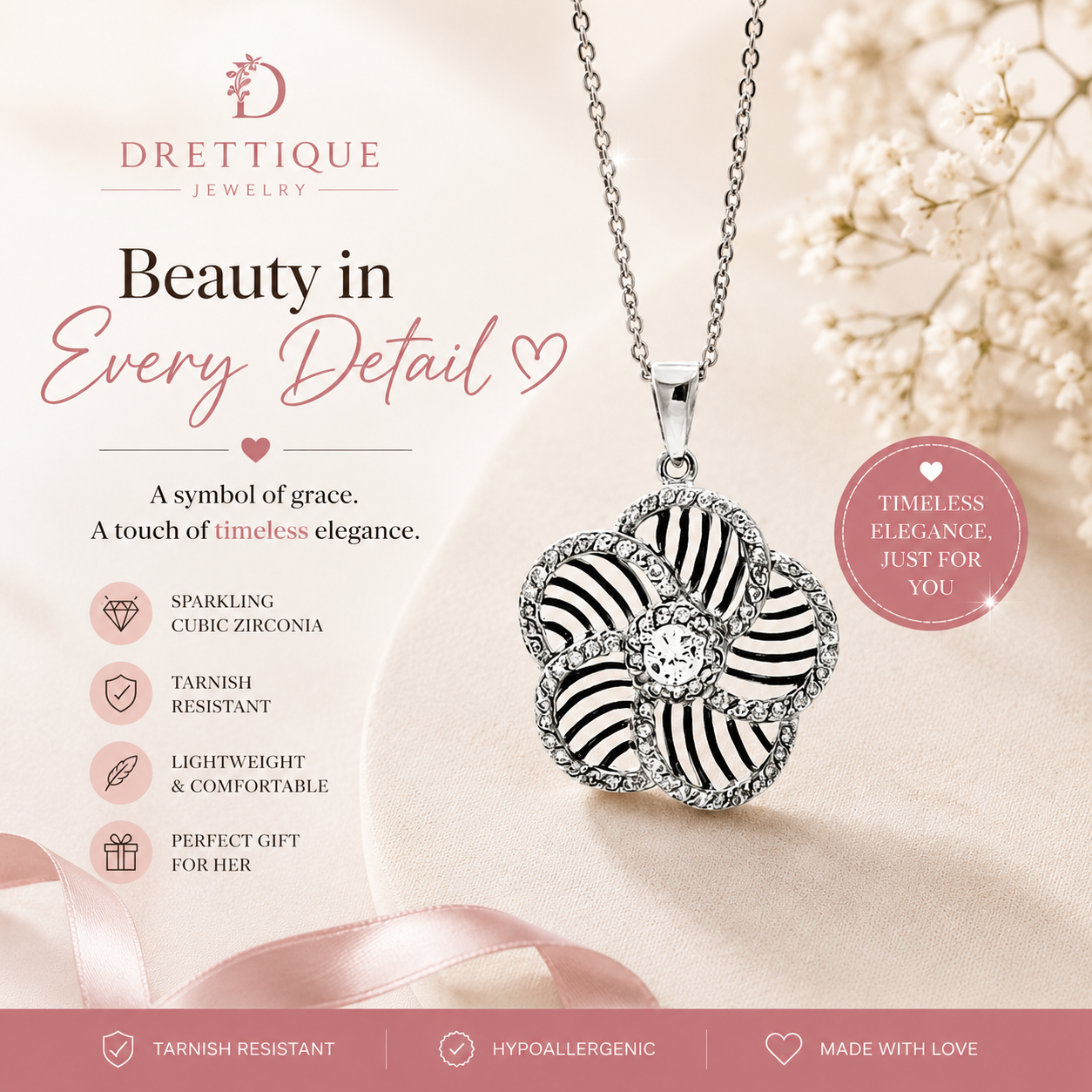 Sterling Silver Flower Inner Zebra Print Pendant Necklace with Sparkling Stones