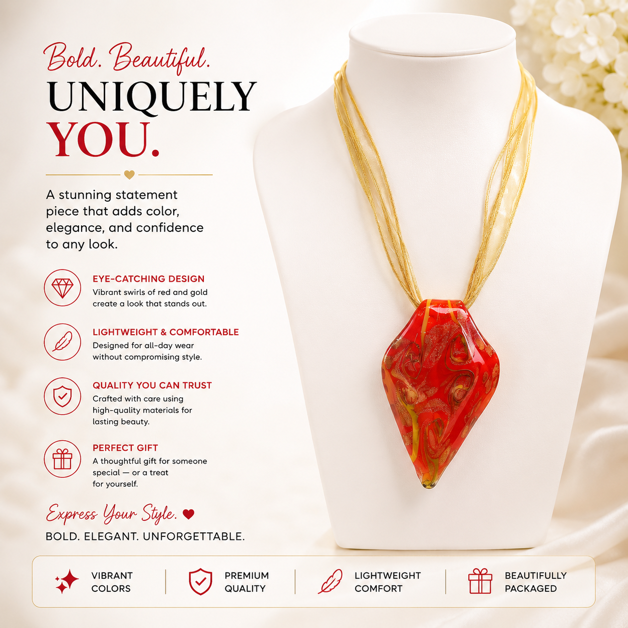 Red and Gold Large Handblown Pendant Necklace