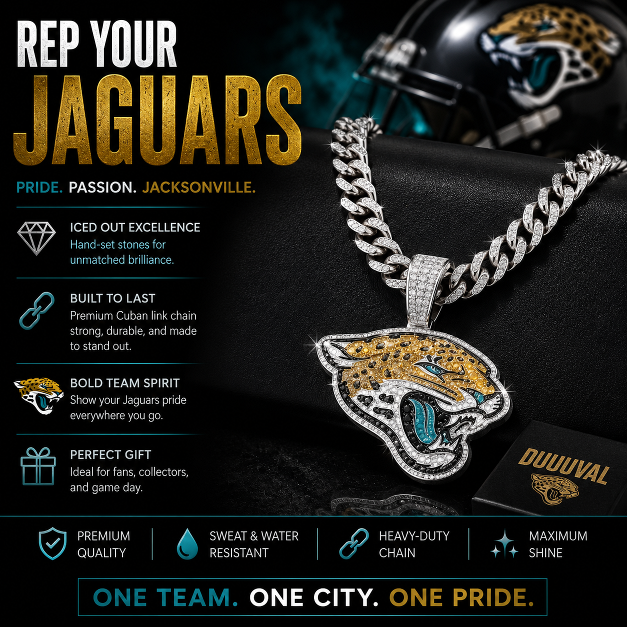 Jacksonville Jaguars Logo Pendant with or without the Cuban Link Chain Necklace