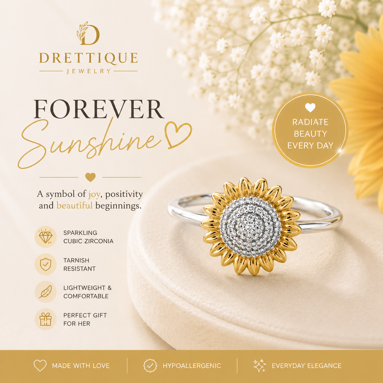 Sterling Silver Gold Sunflower Ring with Sparkling Stones