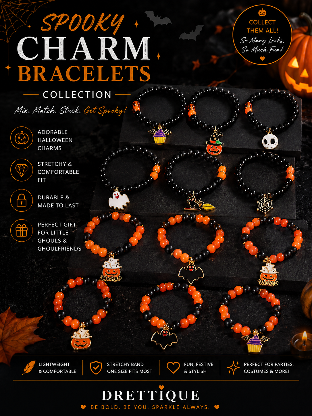Halloween Themed Black and Orange Beaded Charm Bracelet Sets