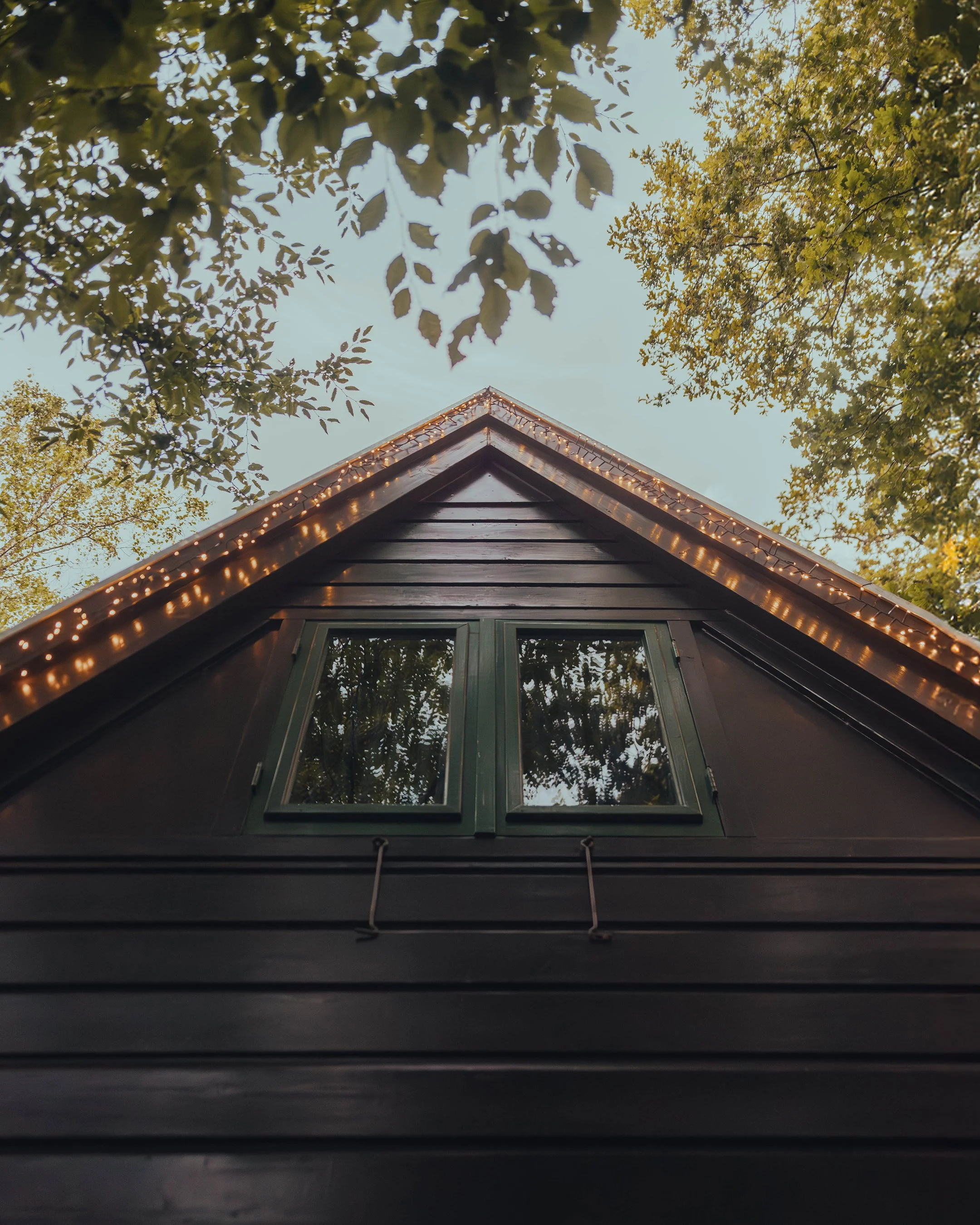 Low-angle view of a black house with string lights along the roof, surrounded by green trees, with a clear sky in the background.