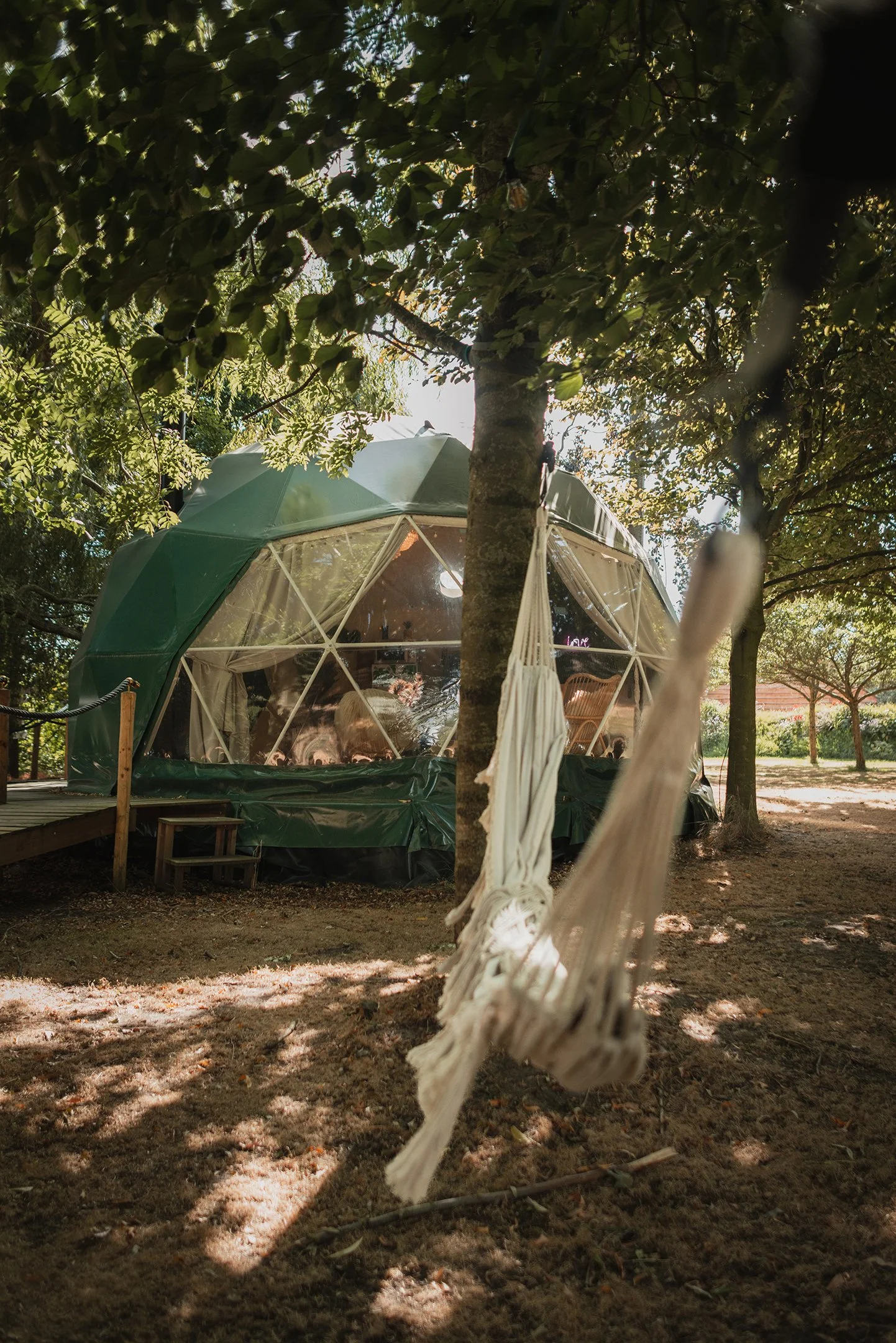 A hammock hangs between trees in a shaded outdoor area with a geodesic dome-shaped tent in the background.