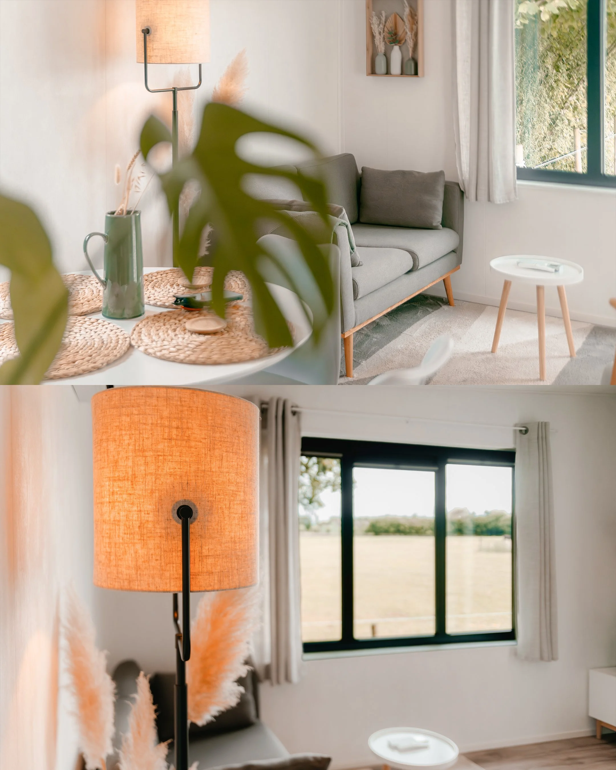 Images of a modern living room with a gray sofa, a round white side table, a tall black floor lamp with an orange lampshade, a large window with white curtains, and decorative items on the wall and on the table.