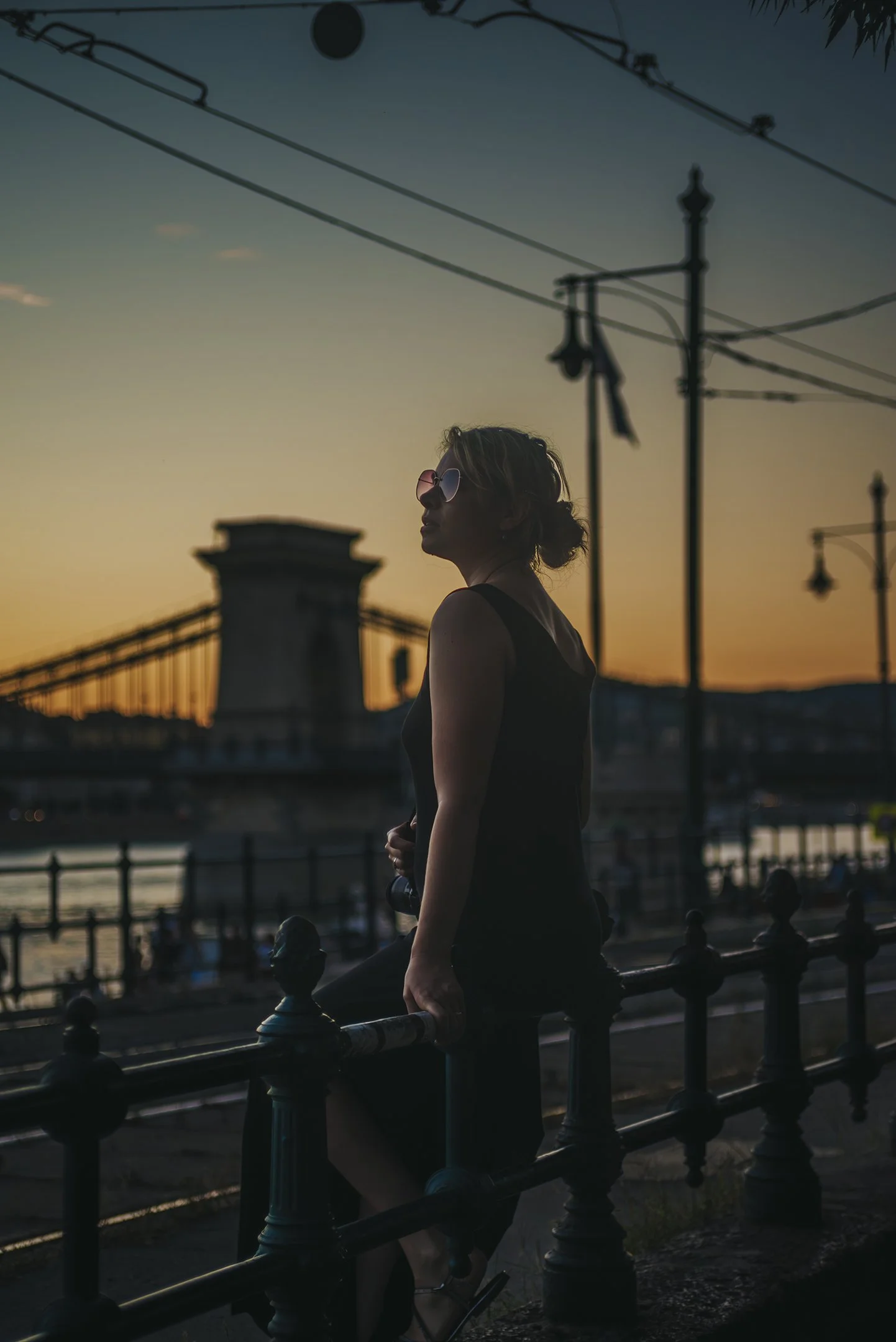 A woman in sunglasses and a sleeveless black dress standing by a metal railing near a river during sunset, with a bridge and power lines in the background.