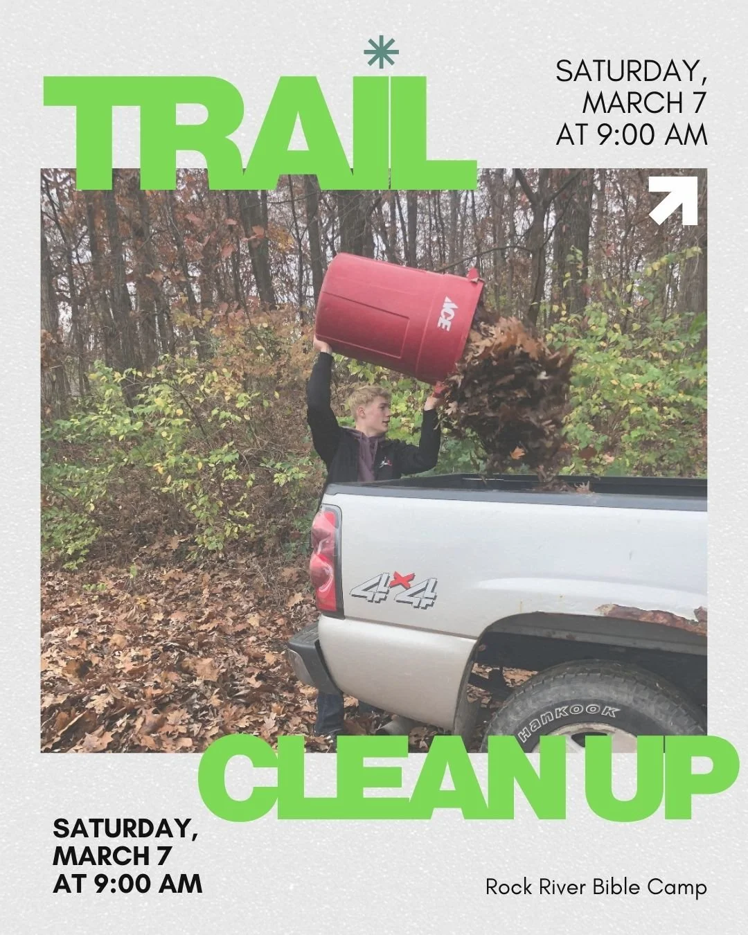 🌿 Trail Clean-Up Day 🌿
Saturday, March 7 | 9:00 AM

Help us clear camp trails before things get green and the bugs come back 🦟.

Weather permitting. Bring gloves, rakes, clippers, or any trail tools you have.

Comment or DM if you&rsquo;re coming!