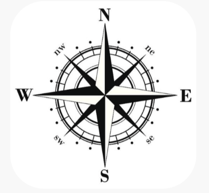 A black and white compass rose showing directions North, East, South, and West.