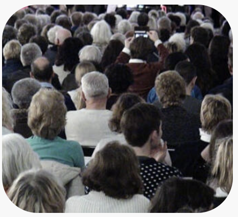 Crowd of people seated in an audience at an event.