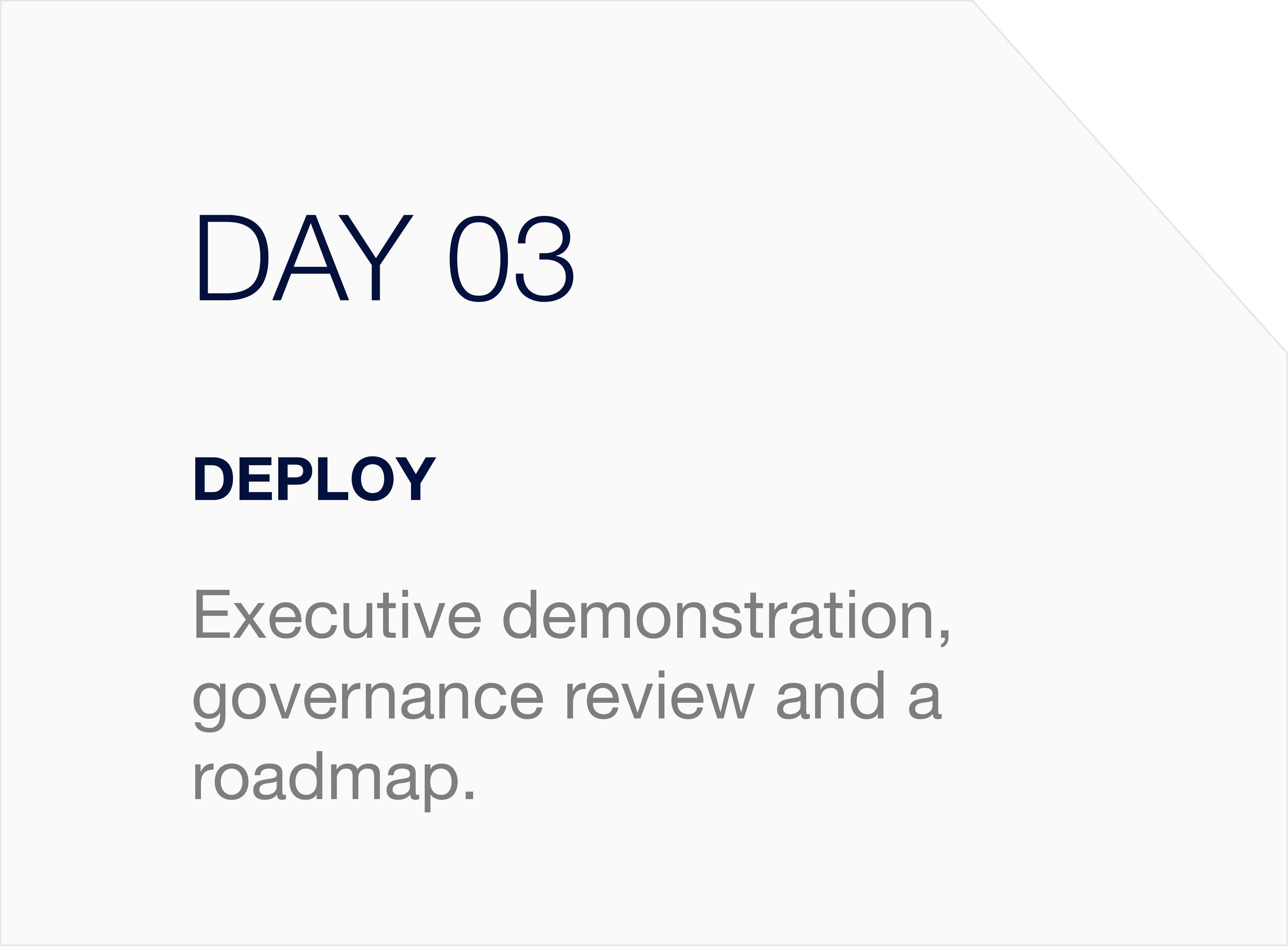 DAY 03 l Deploy - Executive demonstration, governance review and a roadmap.