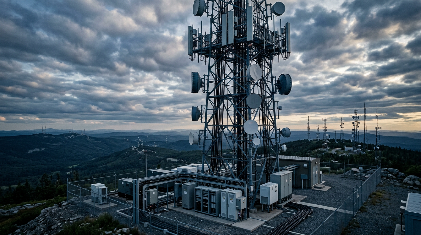 Telecommunications tower on a mountain with satellite dishes, electronic equipment, and a fence, overlooking a landscape of hills under a cloudy sky.