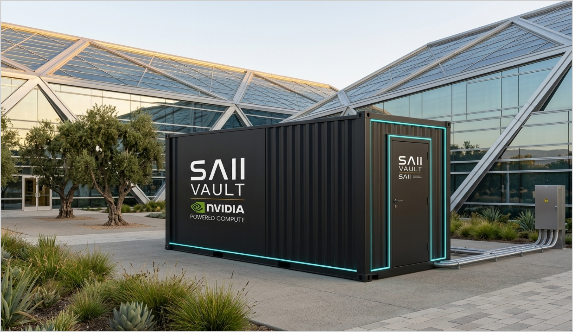 A black shipping container labeled 'SAII VAULT NVIDIA Powered Compute' in front of a modern glass building with metal framework, greenery, and a walkway.