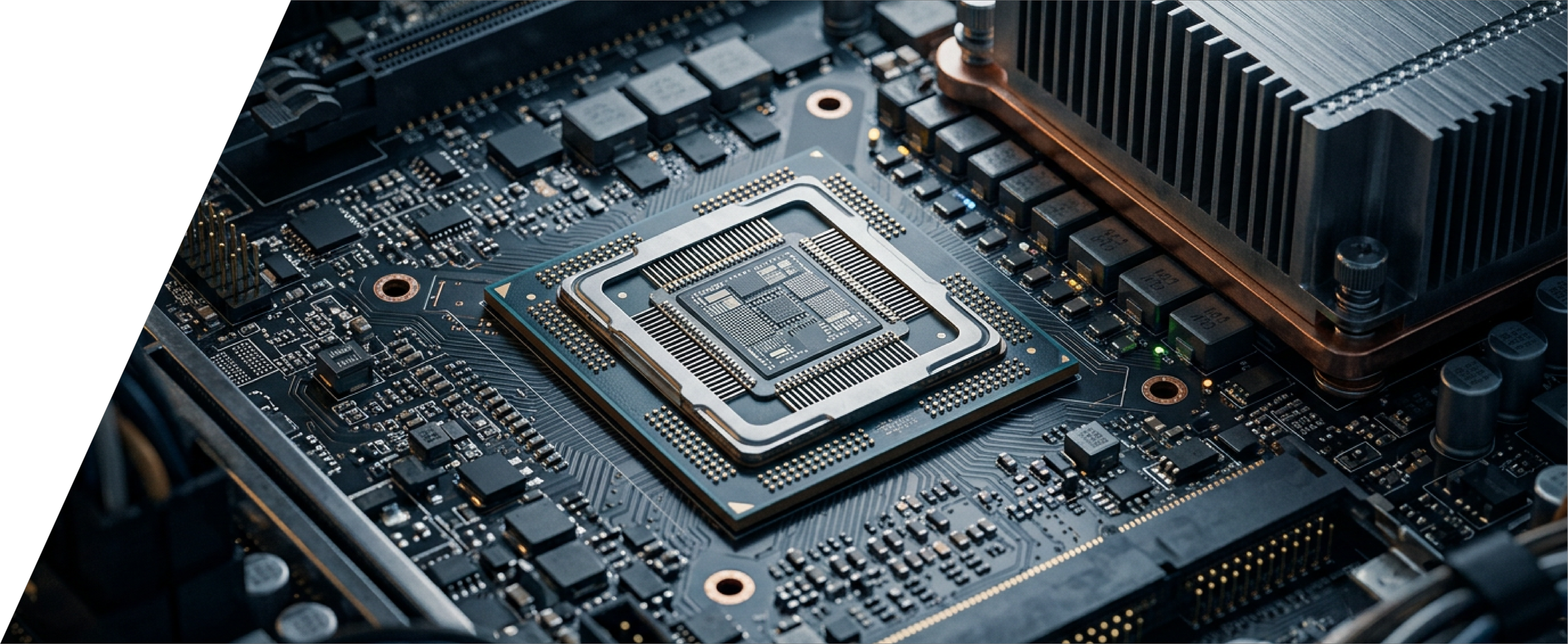 Close-up of a computer motherboard with a central processing unit (CPU) socket and various electronic components.