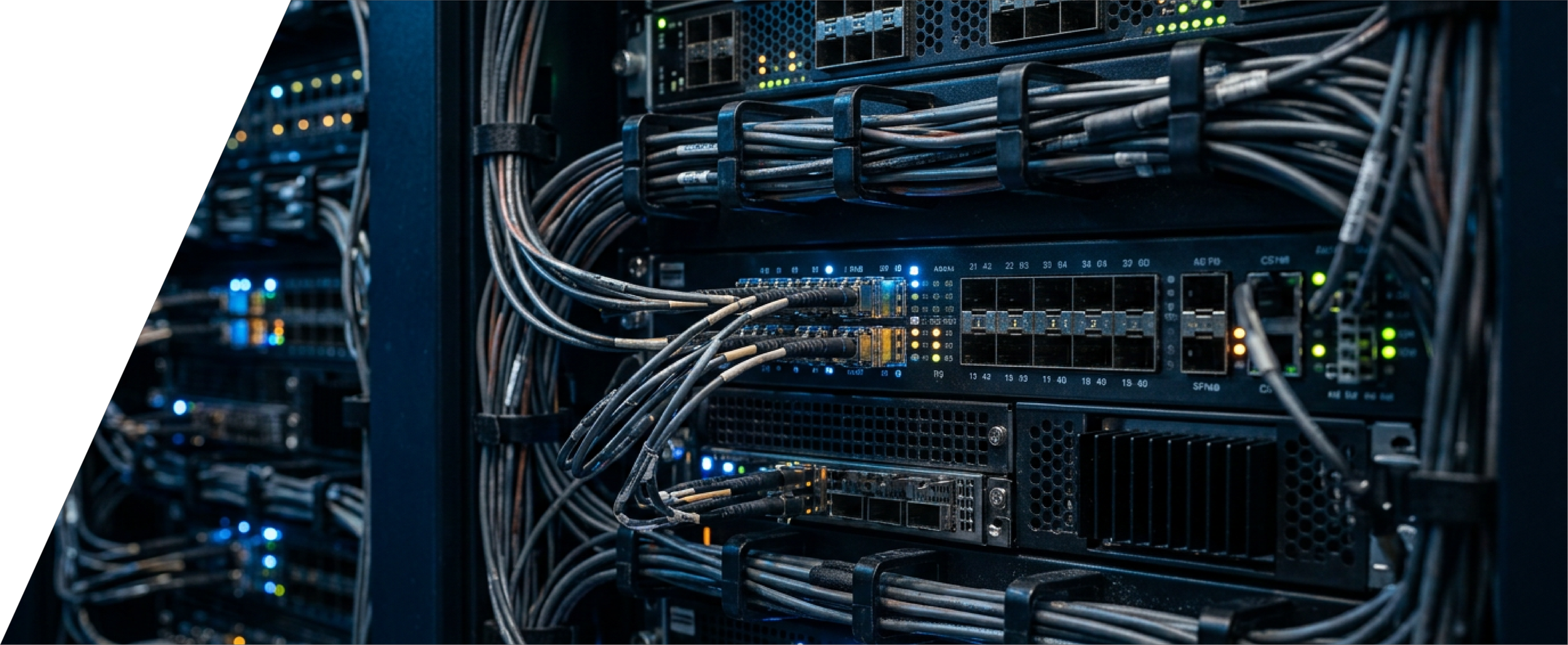 Server rack with numerous network cables connected to servers, illuminated by small LED lights in a data center.