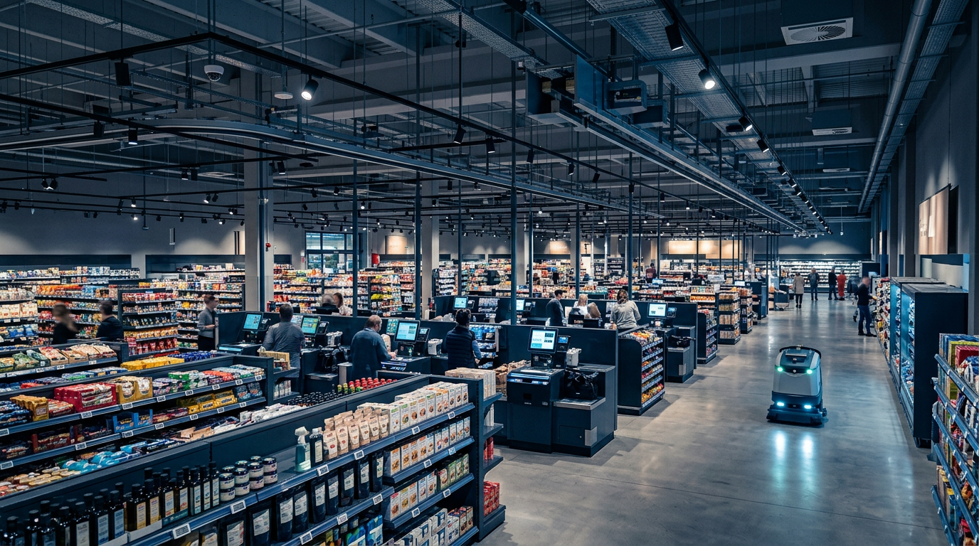 Inside a modern supermarket with checkout counters, aisles of packaged food, and a robotic cleaning machine on the floor.