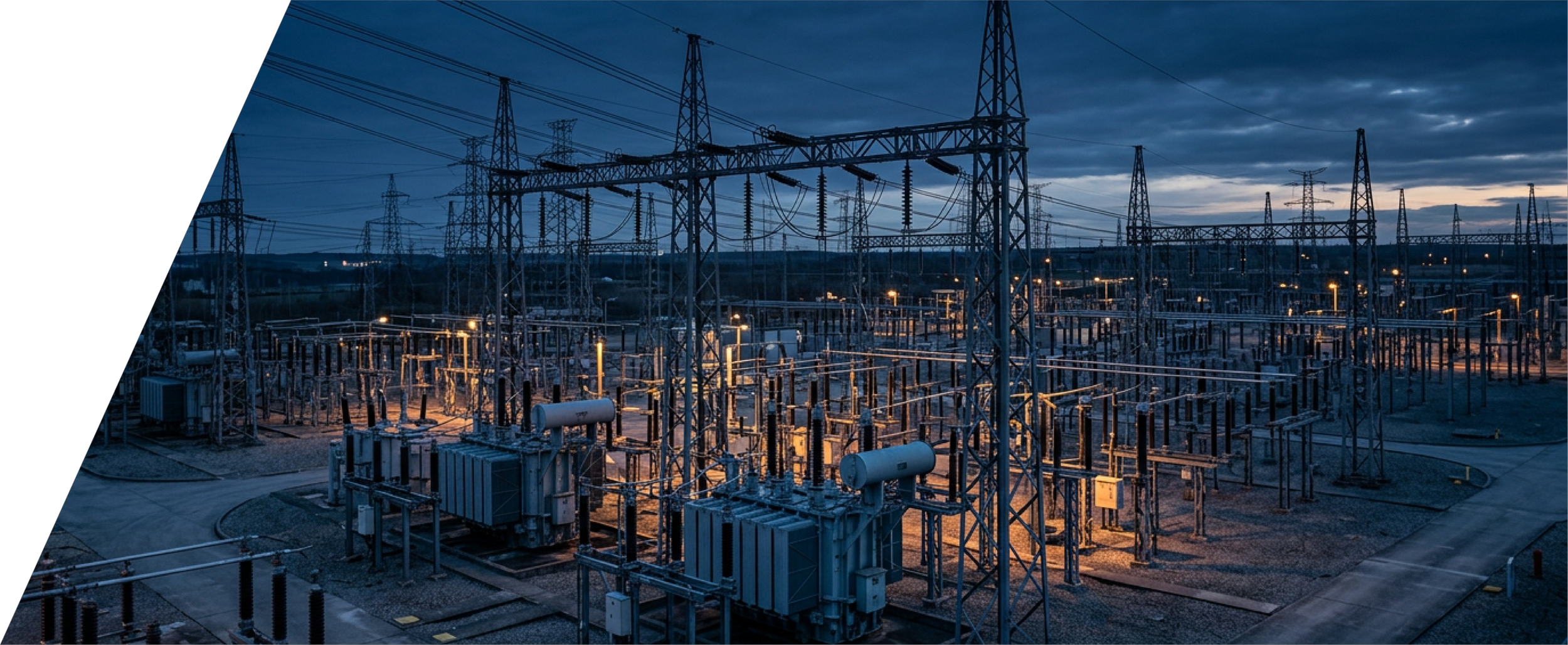 An electrical substation with power lines and transformers under a cloudy evening sky.