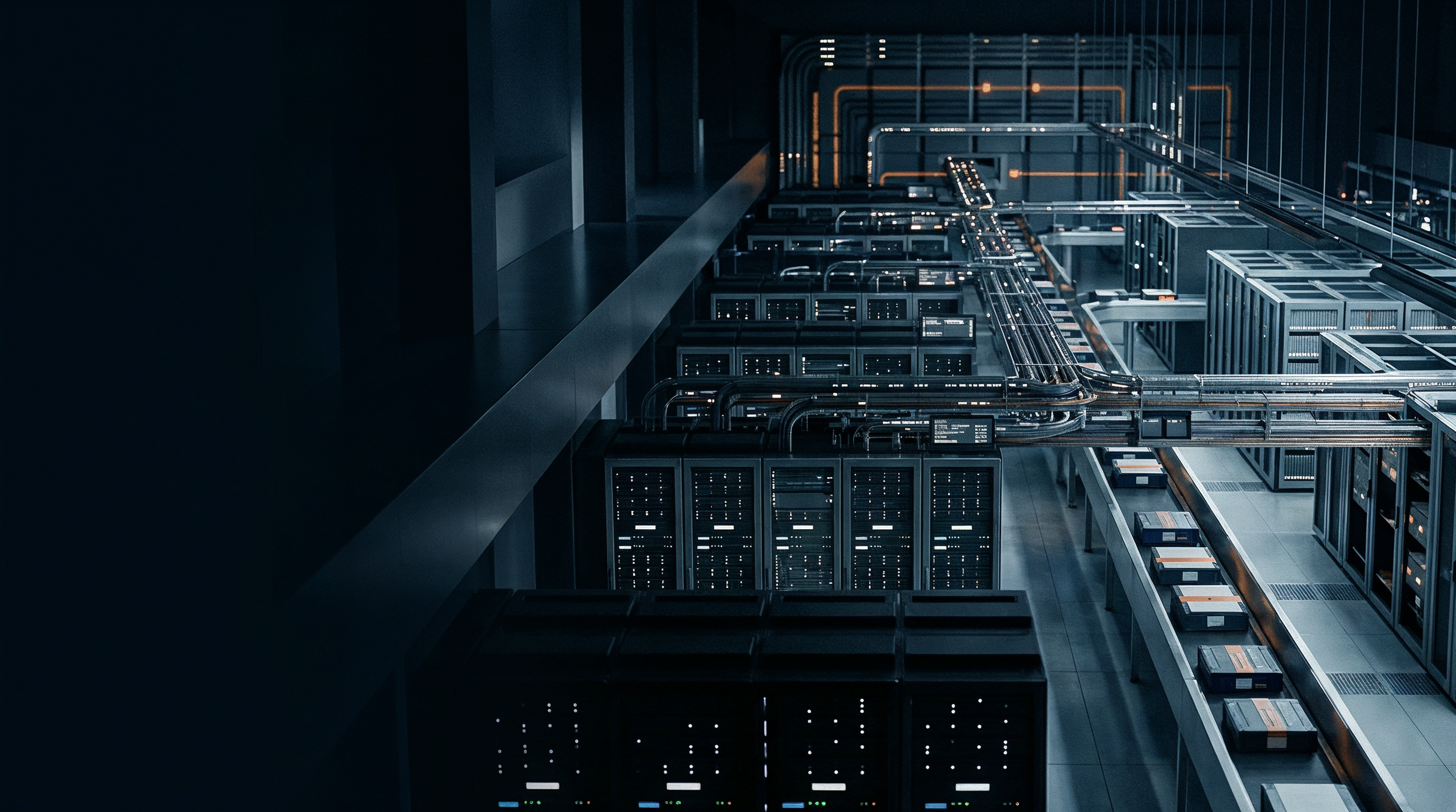 A server room with rows of black server racks and computer hardware, illuminated by dim blue lighting and orange data cables.