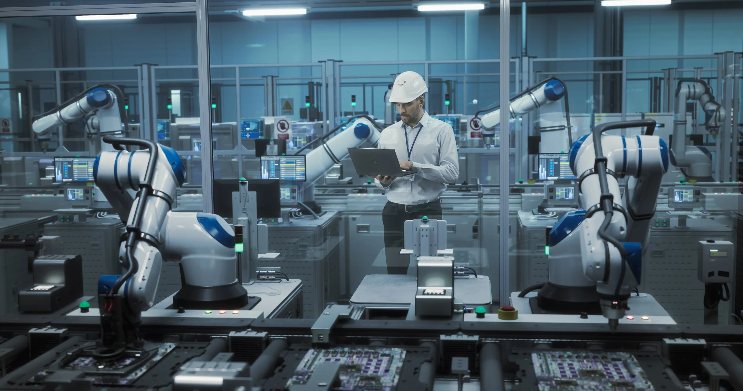 A man wearing a white hard hat and dress shirt working with robotic arms in a high-tech factory or laboratory environment.