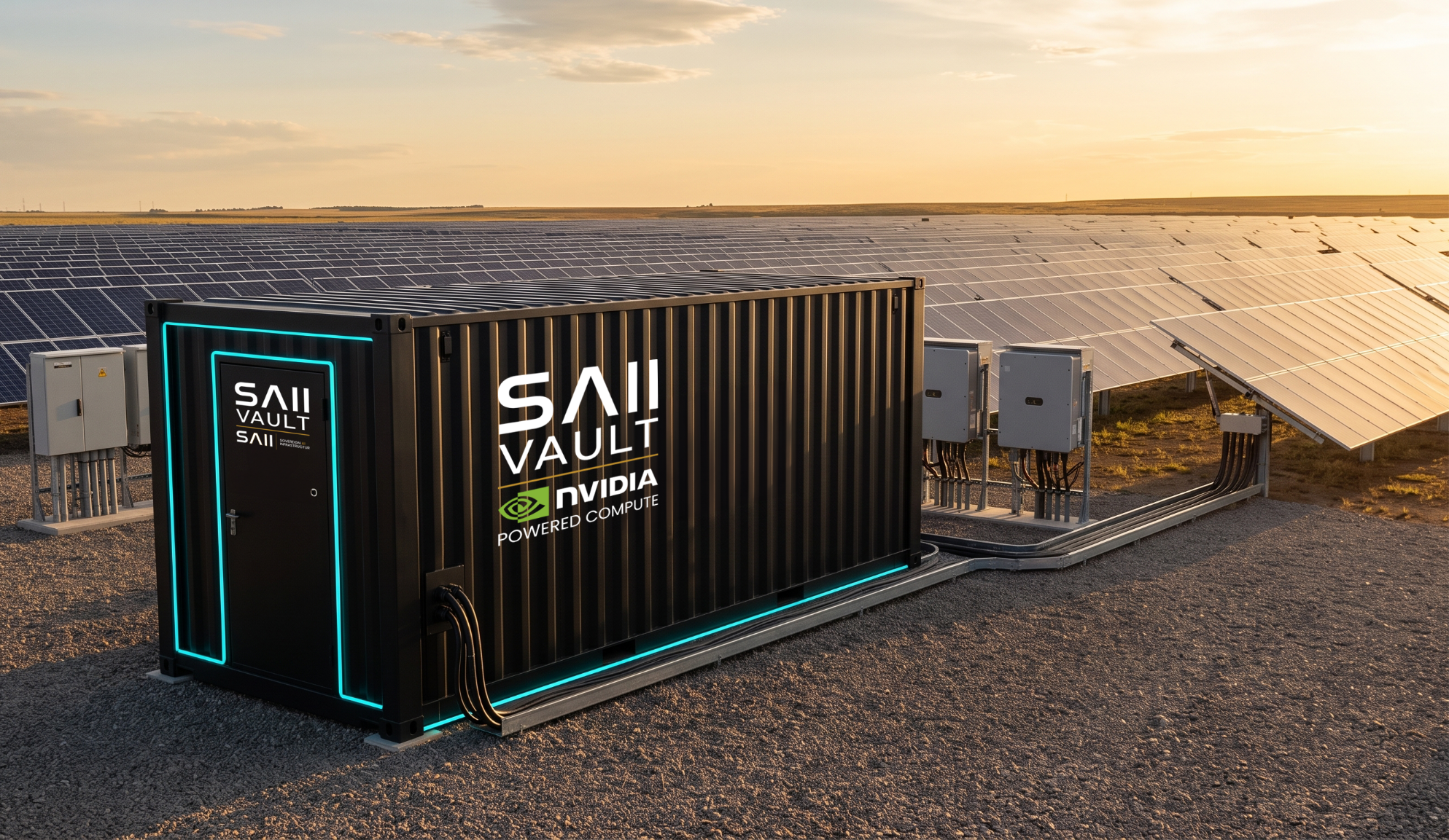 A large solar power installation with solar panels in a vast open field at sunset. In the foreground, there is a black equipment container with neon blue accents, labeled 'SAII Vault' and 'NVIDIA Powered Compute.' Multiple electrical boxes and wiring are connected to the container and solar panels.