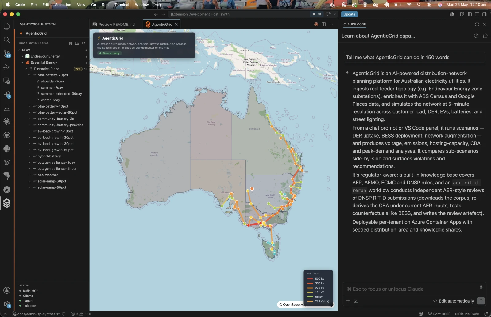 Computer screen displaying a map of Australia and surrounding areas, showing power grid transmission lines with different voltage levels marked by colored lines, and a panel with information about the AgenticGrid distribution network planning platform.