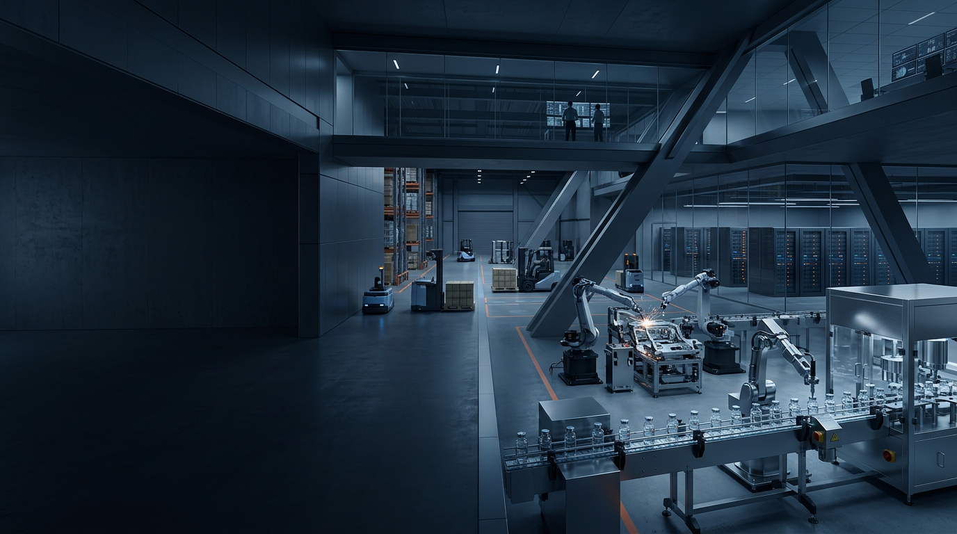 Inside a futuristic warehouse or factory with robotic arms assembling bottles on a conveyor belt.