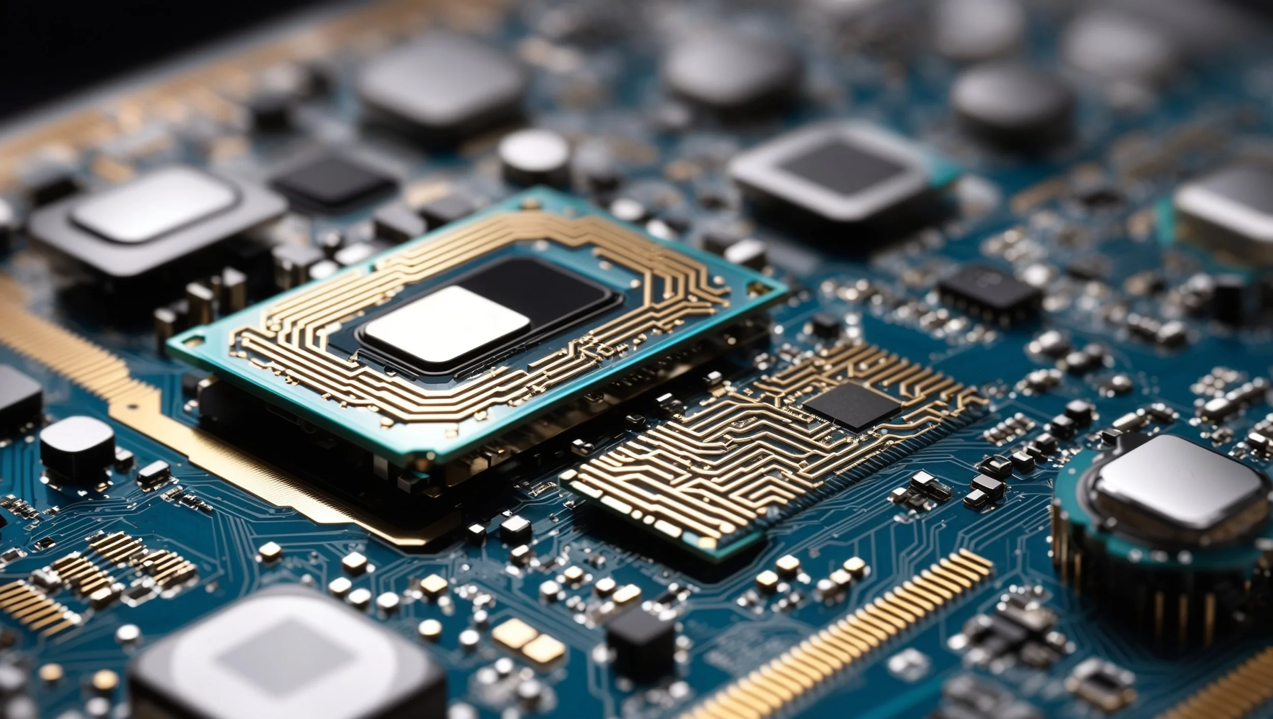 Close-up of a computer motherboard showing various electronic components including a central processing unit (CPU) socket, capacitors, and circuitry.
