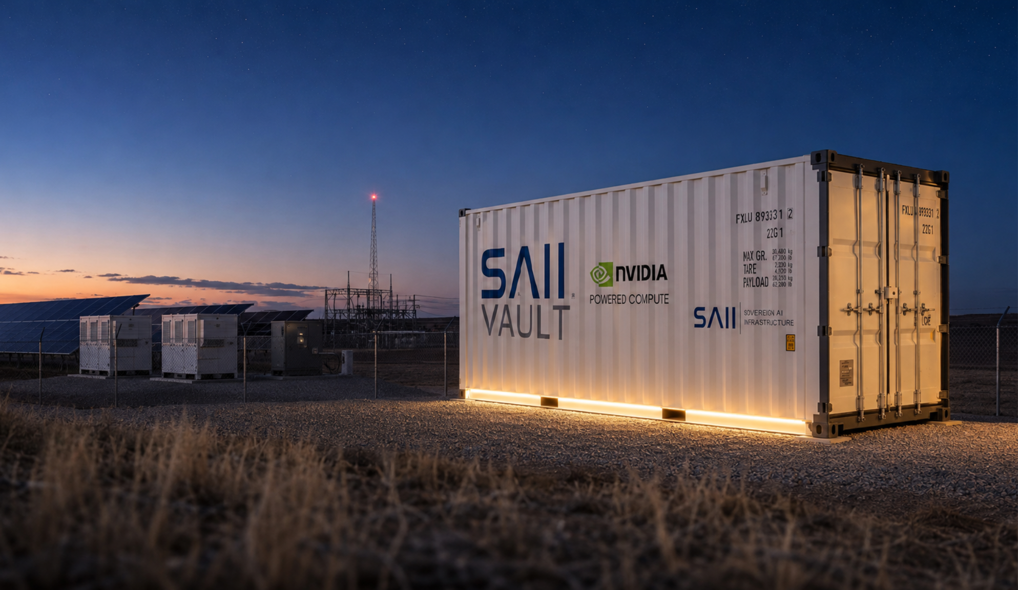 A shipping container with NVIDIA and SAI VAULT logos sits outdoors at sunset, with solar panels and electrical equipment nearby, under a darkening sky.