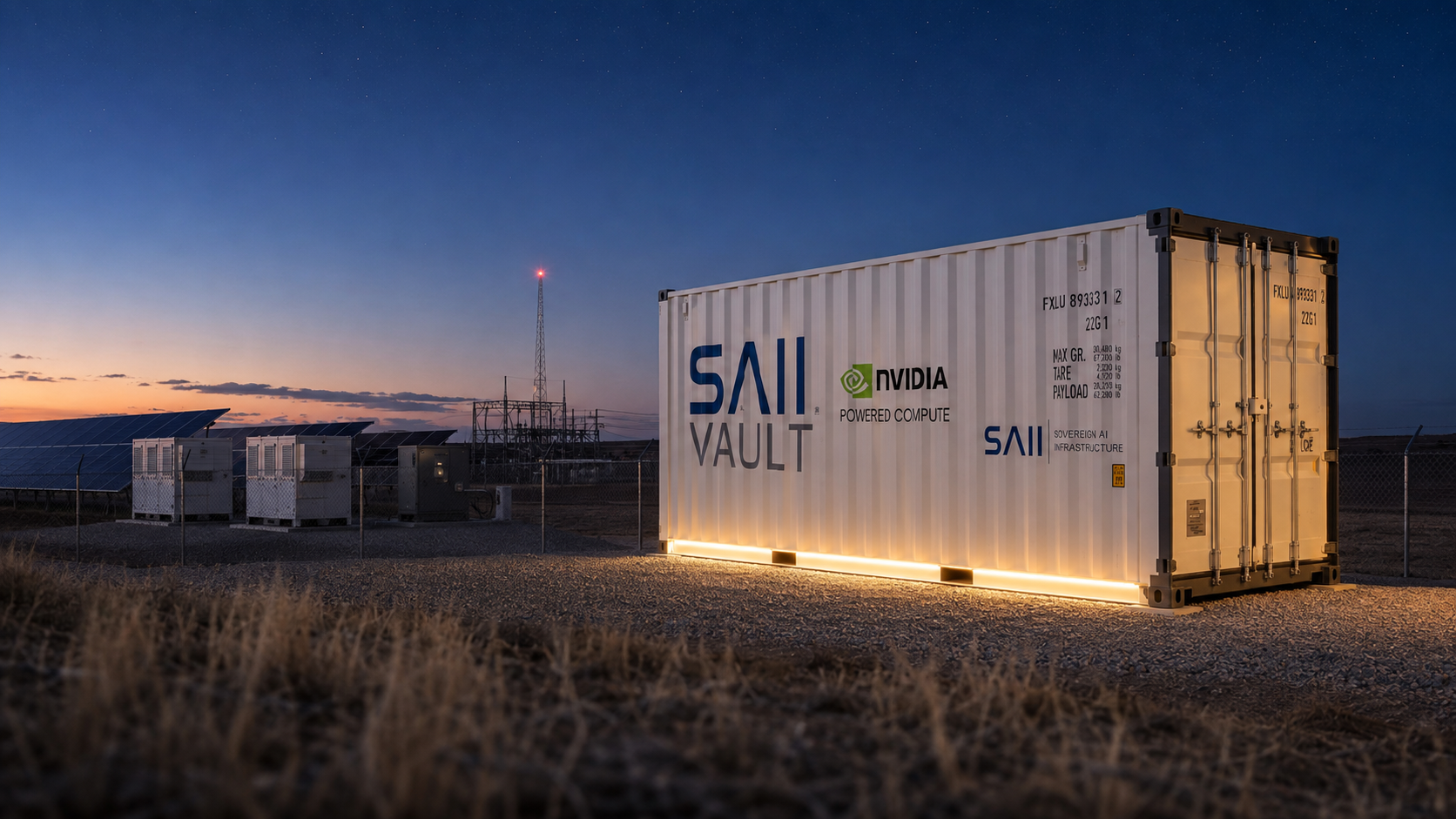 A large shipping container labeled 'SAII VAULT' and 'NVIDIA powered compute' is illuminated at dusk in a solar-powered data storage facility, with solar panels and electrical infrastructure in the background.